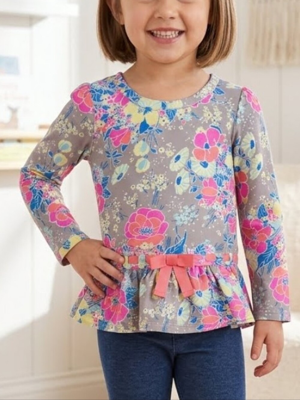 Genuine Kids Girls Floral Long-Sleeve Top with Bow - Pink & Gray Sz 4t